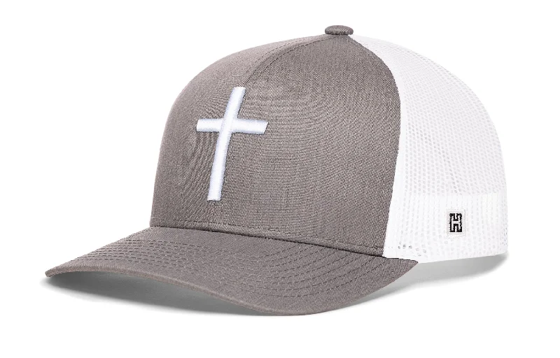 Cross Trucker Hat  |  Gray White Christian 3D Puff Snapback