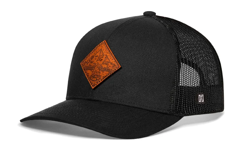 Campfire Trucker Hat Leather  |  Black Outdoors Snapback