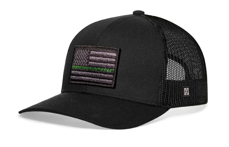 Thin Green Line Trucker Hat  |  Black Military Tactical Snapback