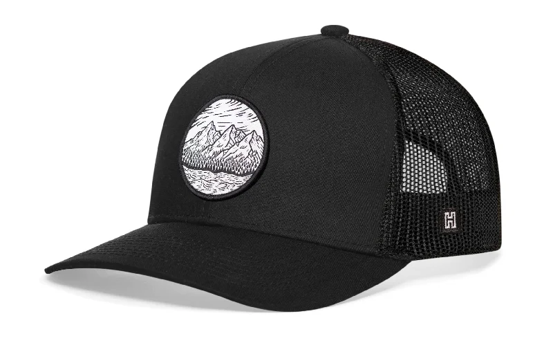 Mountains and Trees Circle Trucker Hat  |  Black Outdoors Snapback