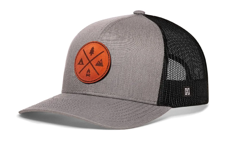 Outdoor X Trucker Hat Leather  |  Gray Black Camping Snapback