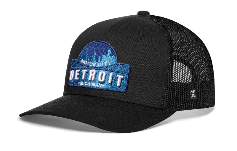 Detroit Motor City Trucker Hat  |  Black Cityscape Snapback