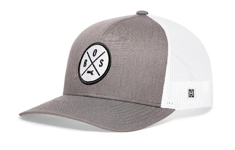 Boston Trucker Hat  |  Gray White BOS Snapback