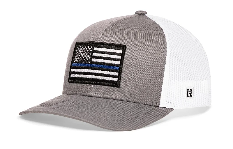 Thin Blue Line Trucker Hat  |  Gray White Police Snapback