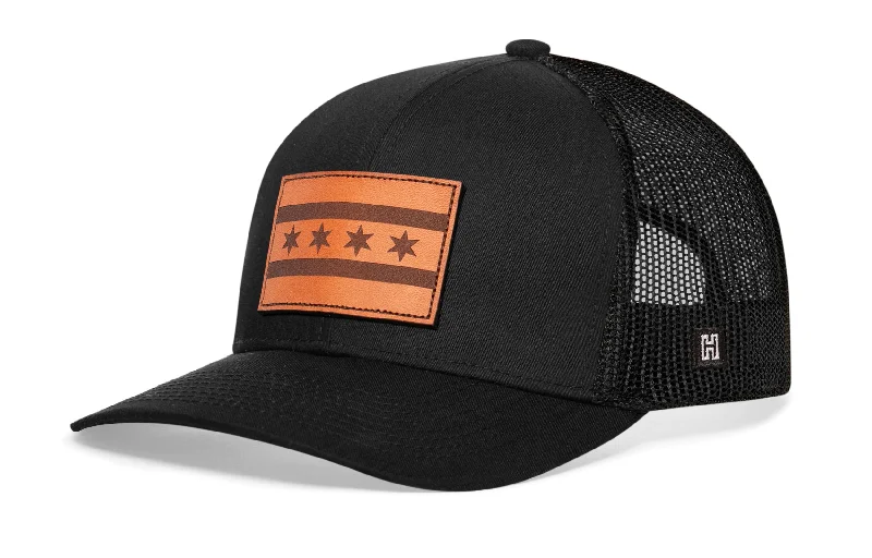 Chicago Flag Trucker Hat Leather  |  Black Chicago Snapback