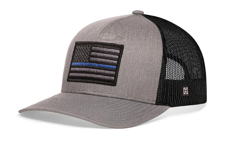 Thin Blue Line Trucker Hat  |  Gray Black Police Tactical Snapback