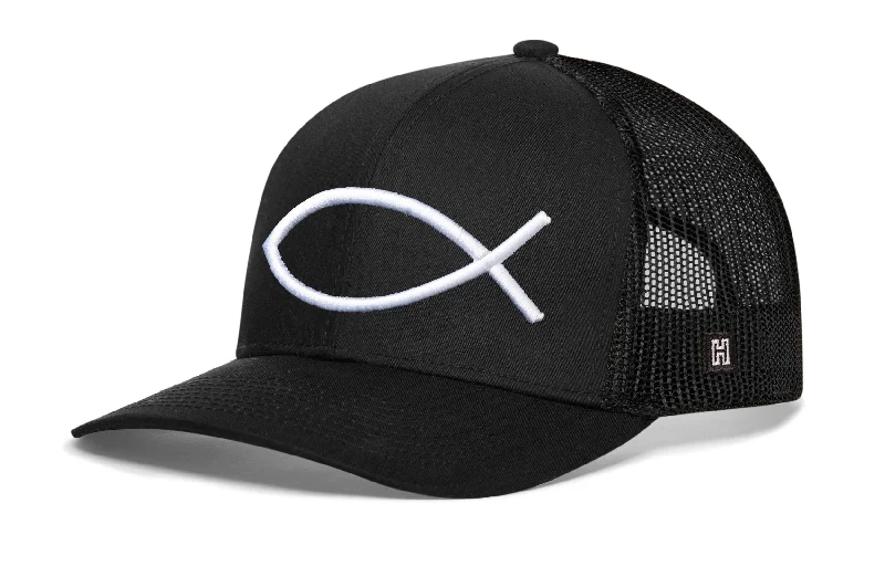 Jesus Fish Trucker Hat  |  Black Ichthys 3D Puff Snapback