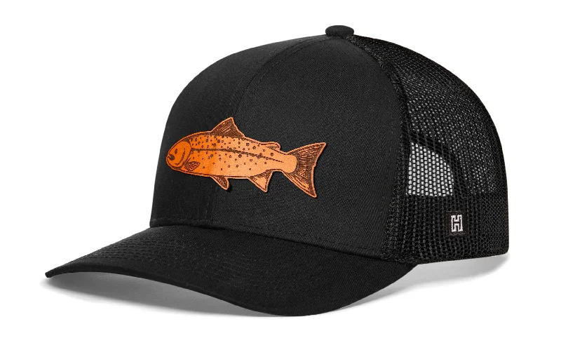 Salmon Trucker Hat Leather  |  Black Fishing Snapback