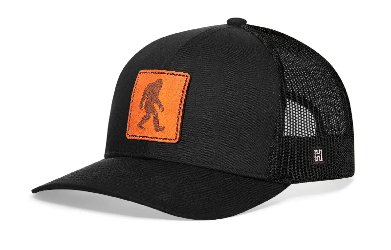 Bigfoot Trucker Hat Leather  |  Black Sasquatch Snapback