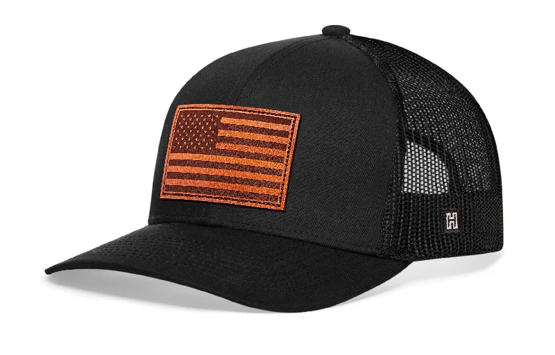 American Flag Trucker Hat Leather  |  Black USA Snapback