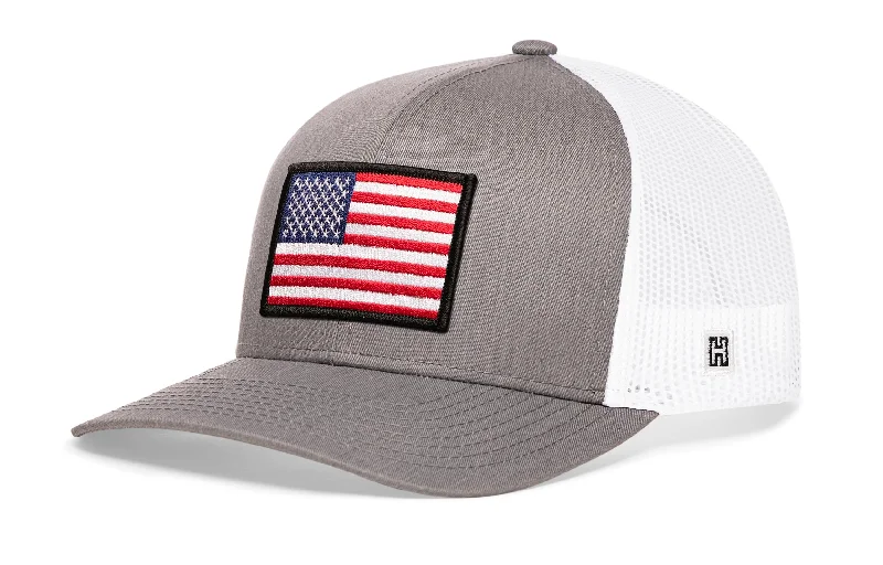 American Flag Trucker Hat  |  Gray White USA Snapback