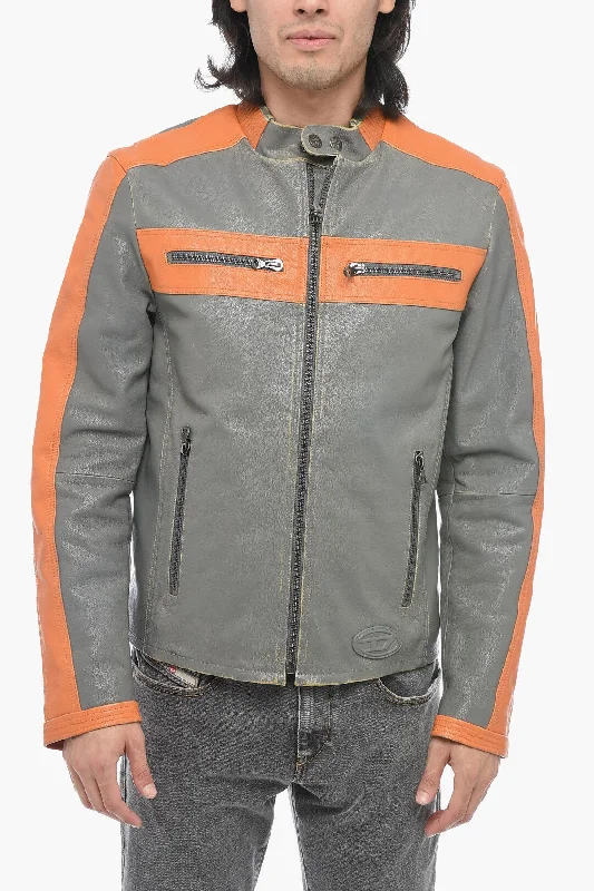 Diesel Leather L-MUSE Padded Jacket with Vintage Effect