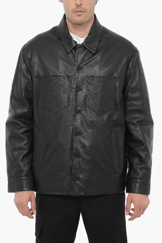 Neil Barrett Slim Fit Leather and Fabric Overshirt with Double Breast Poc