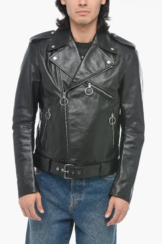 Off-White Leather ARROW Biker Jacket with Rear Graphic Print