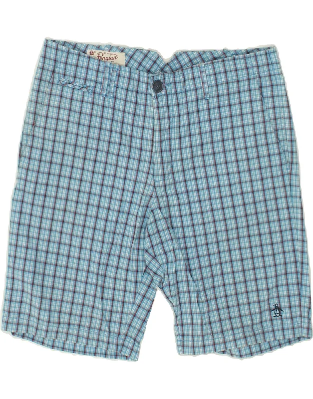 PENGUIN Mens Chino Shorts W32 Medium Blue Check Cotton