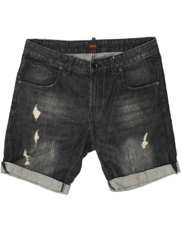 VINTAGE Mens Distressed Denim Shorts W33 Medium  Black Cotton